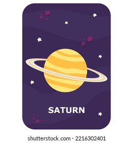 Saturn. Vector Space flash card. English language game with cute astronaut, rocket, planet, comet, alien for kids. Astronomy flashcards with funny characters. Simple educational printable worksheet