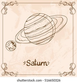 Saturn. Vintage stylized outline drawing of the Saturn. The symbols of astrology and astronomy.