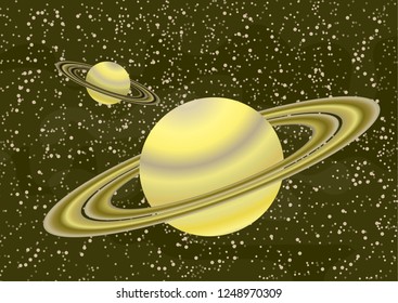 Saturn-like planets with an asteroid belt. Starry colorful space background for your design. Fantasy, cartoon. Vector illustration.