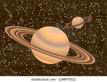 Saturn-like planets with an asteroid belt. Starry colorful space background for your design. Fantasy, cartoon. Vector illustration.