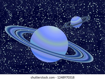 Saturn-like planets with an asteroid belt. Starry colorful space background for your design. Fantasy, cartoon. Vector illustration.