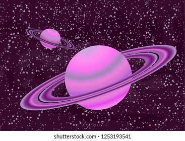 Saturn-like planets with an asteroid belt. Starry colorful space background for your design. Fantasy, cartoon. Vector illustration.