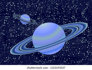 Saturn-like planets with an asteroid belt. Starry colorful space background for your design. Fantasy, cartoon. Vector illustration.