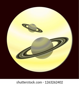 Saturn-like planets, view from the porthole. Fantastic space design. Vector illustration in flat style.