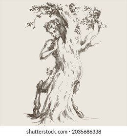 Satyr hiding behind the tree, engraving.