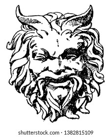 Satyr Mask was designed during the Italian Renaissance by Sansovino, vintage line drawing or engraving illustration.