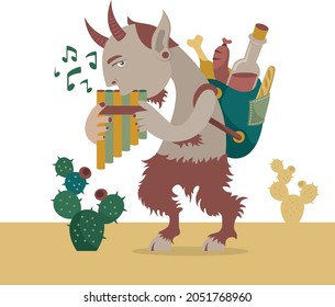 A satyr playing its flute in the desert.