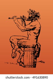 Satyr playing the flute sitting on the barrel of wine.Hand drawn vector illustration in sketch style isolated on the orange background.
