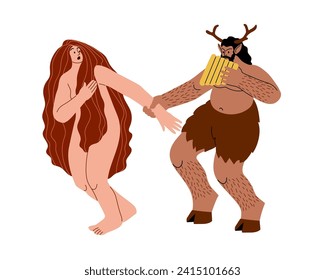 A satyr plays the flute and catches a nymph. Color vector illustration isolated on a white background in a cartoon and flat design.