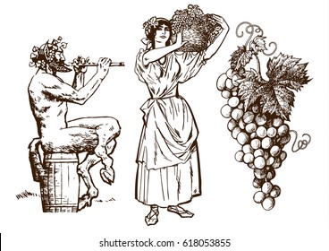 Satyr sitting on the barrel, beautiful peasant woman carrying basket and bunch of grapes. Design elements for wine list. Hand drawn vector illustration in vintage style. Isolated on white background.