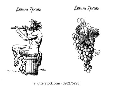 Satyr sitting on the barrel playing the flute and bunch of grapes. Elements for design for wine list, menu card or tattoo. Hand drawn vector illustration.