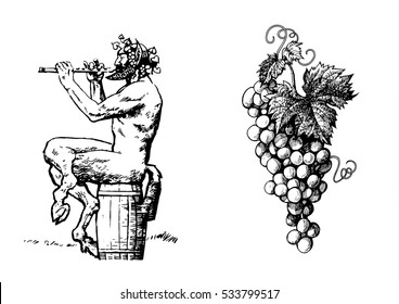 Satyr sitting on the barrel playing the flute and bunch of grapes. Design elements for wine list or tattoo. Hand drawn vector  illustration in sketch style. Isolated on white background.