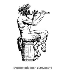 Satyr sitting on wooden barrel and playing  flute. Design elements for wine list, menu card, tattoo, Greece or Italy travel agency poster. Hand drawn vector illustration in style of old engraving.