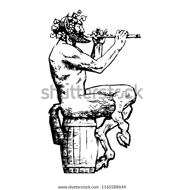 Satyr sitting on wooden barrel and playing \
flute. Design elements for wine list, menu card, tattoo, Greece or\
Italy travel agency poster. Hand drawn vector illustration in style\
of old engraving.