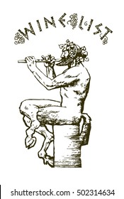 Satyr sitting and playing the flute. Elements for design for wine list, menu card. Hand drawn vector illustration. Isolated on white background. In old engraving style.