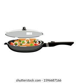Saucages in the pan on white background
