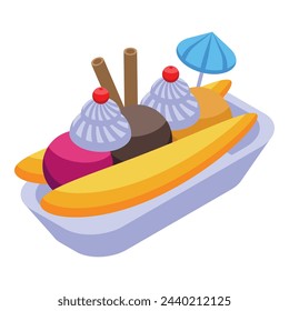 Sauce Banana Split Icon isometrische Vektor. Kirschcreme. Fruchtsnack