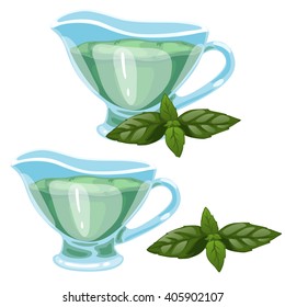 Sauce with basil in the saucepan. Vector illustration.