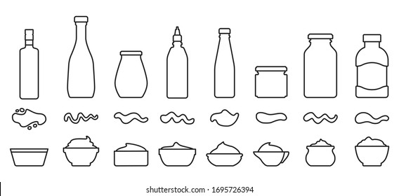 Salsa para el conjunto de vectores de contorno bbbq icono.Icono de ilustración vectorial ketchup y dip. Isolada ilustración poner la botella y la salsa de cuenco.