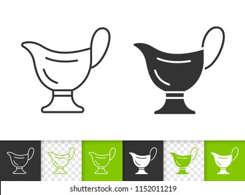 Sauce boat black linear and silhouette icons. Thin line sign of gravy. Ceramic bowl outline pictogram isolated on white, transparent background. Vector Icon shape. Sauce Boat simple symbol closeup