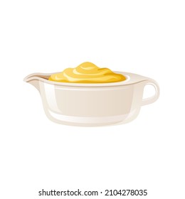 Sauce Boat With Gravy. Vector Icon Of Saus Bowl. Vector Illustration Of White Sauceboat Or Jug With Curry, Mayonnaise, Mustard, Ranch Dressing. Candy Caramel Honey Cream. Isolated Saucer Dish Drawing 