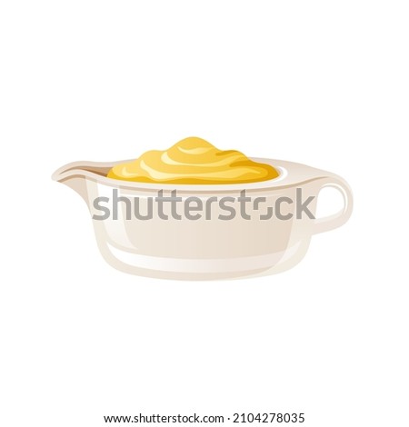 Sauce boat with gravy. Vector icon of saus bowl. Vector illustration of white sauceboat or jug with curry, mayonnaise, mustard, ranch dressing. Candy caramel honey cream. Isolated saucer dish drawing 