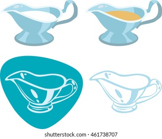 Sauce boat Isolated. Sauce boat empty and with yellow sauce. Glass sauce boat. On aquamarine and white background.