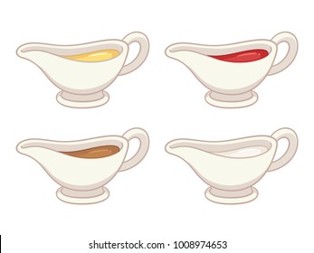 Sauce boat set with different condiments and dips. Meat gravy, tomato sauce or ketchup, mayonnaise. Isolated vector illustration.