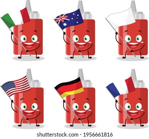 Sauce bottle cartoon character bring the flags of various countries