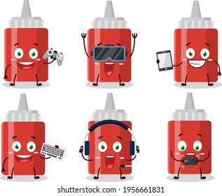 Sauce bottle cartoon character are playing games with various cute emoticons