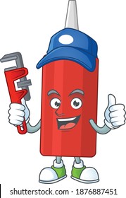 Sauce bottle Cartoon drawing concept work as smart Plumber. Vector illustration