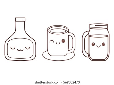 sauce bottle cup and glass kawaii icon image black line  vector illustration design 