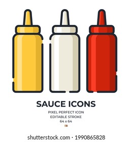 Sauce bottle editable stroke outline icons isolated on white background flat vector illustration. Pixel perfect. 64 x 64.