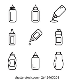 Conjunto de ícones de garrafa de molho Coleção. Nove Ilustrações de Contorno de Garrafas de Condimento
