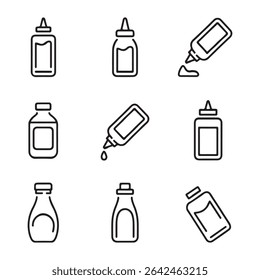 Conjunto de ícones de garrafa de molho Coleção. Nove Ilustrações de Contorno de Garrafas de Condimento
