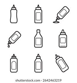 Conjunto de ícones de garrafa de molho Coleção. Nove Ilustrações de Contorno de Garrafas de Condimento

