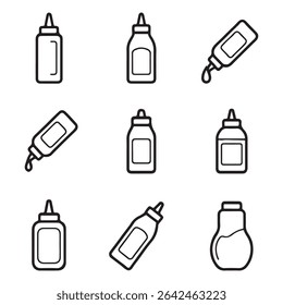 Conjunto de ícones de garrafa de molho Coleção. Nove Ilustrações de Contorno de Garrafas de Condimento
