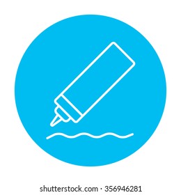 Sauce bottle line icon for web, mobile and infographics. Vector white icon on the light blue circle isolated on white background.