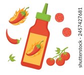 Sauce bottle with red hot chili pepper. Vector illustration.