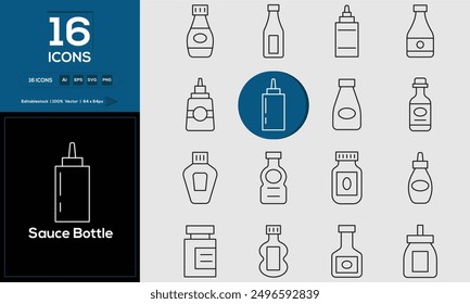 Sauce Bottle set of outline icons related to analysis, infographic, analytics. Editable stroke. Vector illustration. 