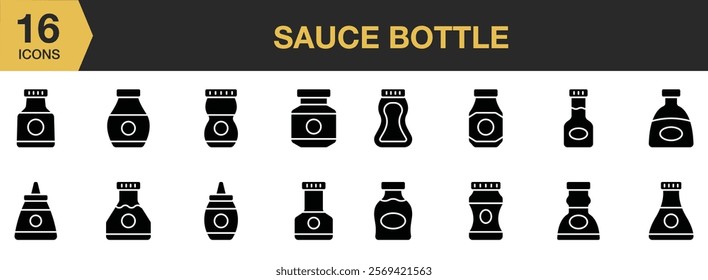 Sauce Bottle solid icon set. Includes Sauce, Bottle, Spicy, Ketchup, Tomato, and More. Solid icons vector collection.