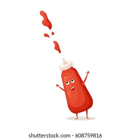 Sauce Bottle With Splash. Cute Funny Tomato Character With Happy Face. Kids Menu Illustration. Fresh And Tasty Food On White Background. Ketchup