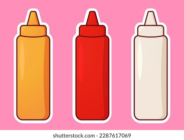 A sauce bottle with various types of sauces. Tomato ketchup, mayonnaise, mustard sauce, or BBQ sauce. Kawaii sauce pack in plastic container. Cute cartoon vector illustration. Sticker design.