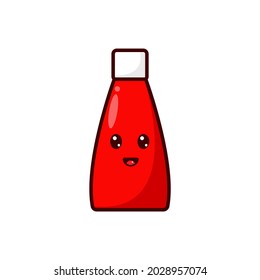 Sauce bottle vector. Happy face character. Illustration of child menu. fresh and delicious tomato sauce isolated on a white background.