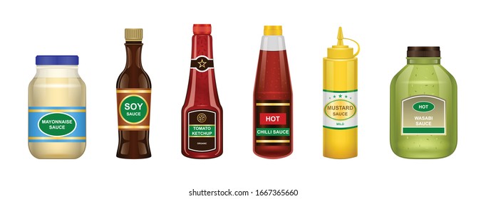 Sauce of bottle vector illustration isolated on white background .Realistic set icon sauce for bbq . Bottle seasoning realistic set .