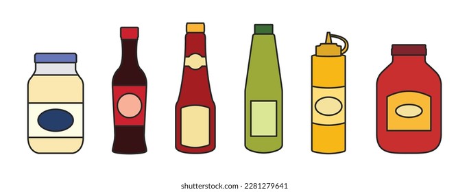 Sauce of bottle vector illustration isolated on white background .Color set icon sauce for bbq . Bottle seasoning color set .