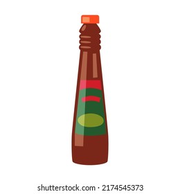 Sauce in bottle vector illustration. Ketchup, hot tomato and chili sauces in bottles, red and yellow peppers isolated on white background