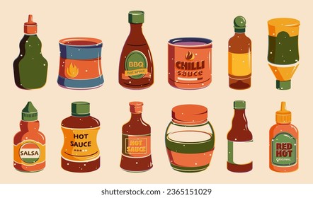 Sauce bottles. Cartoon ketchup, mustard and mayonnaise bottles with caps and labels for restaurant and fast food packaging design. Vector set. Red hot, chili, bbq and salsa dressing