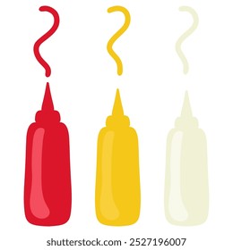 Botellas de salsa, diferentes botellas de salsa Ilustración vectorial, ketchup, mostaza, mayonesa
