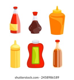 Sauce bottles Set. Collection of condiments including ketchup, mustard, and mayonnaise